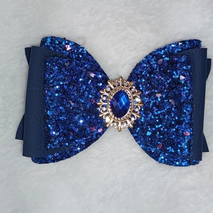 Elegant luxurious blue navy glitter diamond princess bow, medium size blue bow