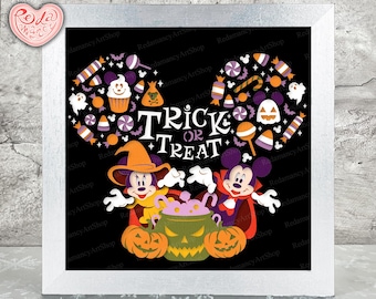 May include: A framed Halloween-themed print featuring Mickey and Minnie Mouse. The image includes the text "Trick or Treat" and is surrounded by candy, pumpkins, and ghosts. The artwork is set against a black background.