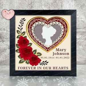 Peut inclure: Une œuvre d'art commémorative encadrée avec un motif en forme de cœur, une silhouette et des éléments floraux. L'œuvre comprend le nom "Mary Johnson" et des dates, avec le texte "FOREVER IN OUR HEARTS". Le cadre est noir.
