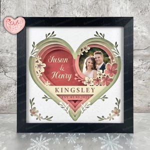 Könnte beinhalten: Ein gerahmtes herzförmiges Papierkunstwerk mit einem Foto eines Paares, floralen Akzenten und den Namen "Susan & Henry" und "KINGSLEY" mit dem Datum "EST. 03.03.2025". Der Rahmen ist schwarz.