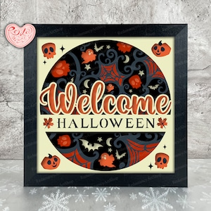 Caixa de Sombras de Boas-vindas ao Halloween em SVG, SVG para Projetos Cricut, SVG em Camadas 3D, Caixa de Sombras 3D de Boas-vindas ao Halloween em SVG, Caixa de Luz para Recorte em Papel