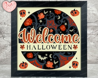 Welcome Halloween Shadow Box SVG, Svg For Cricut Projects, 3D Layered SVG, Welcome Halloween 3D Shadow Box Svg, Paper Cut Light Box