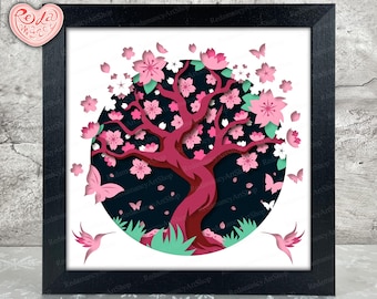 Caja de sombras de flor de cerezo SVG, SVG para proyectos de Cricut, SVG 3D en capas, Caja de sombras 3D de primavera SVG, Caja de luz de papel cortado