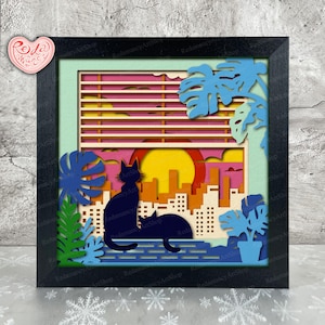 Katze auf dem Balkon Schattenbox SVG, SVG für Cricut-Projekte, 3D Layered SVG, Katzen 3D Schattenbox SVG, Papierschnitt Licht Box