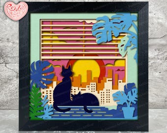 Cat on the Balcony Shadow Box SVG, Svg For Cricut Projects, 3D Layered SVG, Cats 3D Shadow Box Svg, Paper Cut Light Box