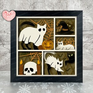 Ghost Cats Shadow Box SVG, Svg pour projets Cricut, SVG en couches 3D, Halloween 3D Shadow Box Svg, caisson lumineux en papier découpé 2