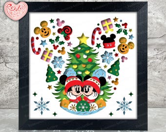 Winter Mouse Couple Shadow Box SVG, Svg For Cricut Projects, 3D Layered SVG, Christmas Couple Mouse 3D Shadow Box Svg, Paper Cut Light Box 1