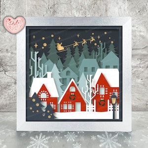 Caja de sombras de pueblo SVG, Svg para proyectos de Cricut, SVG en capas 3D, Svg de caja de sombras 3D de Navidad, Caja de luz cortada con papel