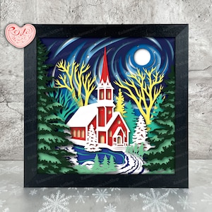 Église Shadow Box SVG, Svg pour projets Cricut, SVG en couches 3D, Noël 3D Shadow Box Svg, caisson lumineux en papier découpé