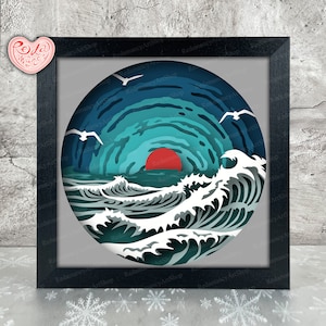 Ocean Waves Shadow Box SVG, Svg pour projets Cricut, SVG en couches 3D, plage 3D Shadow Box Svg, caisson lumineux en papier découpé