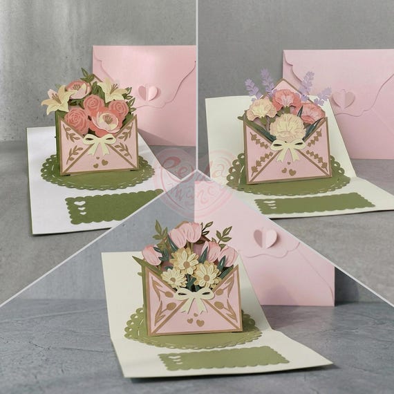 Combo 3 Flower Pop-up Card SVG, 3D Floral Card SVG for Cricut, 3D Rose Pop-up Card SVG, 3D Tulip svg, Paper Cut Greeting Card