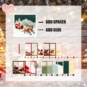 May include: A Christmas-themed craft project featuring a Santa Claus and reindeer scene, with the text "ADD SPACER" and "ADD GLUE". Includes numbered design elements for crafting, with a snowy mountain backdrop.