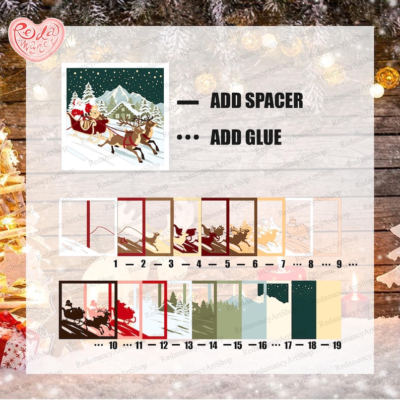 May include: A Christmas-themed craft project featuring a Santa Claus and reindeer scene, with the text "ADD SPACER" and "ADD GLUE". Includes numbered design elements for crafting, with a snowy mountain backdrop.