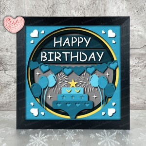 Happy Birthday Shadow Box SVG, Svg voor Cricut Projects, 3D gelaagde SVG, verjaardagscadeaus 3D Shadow Box Svg, papier gesneden lichtbak
