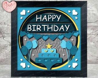 Happy Birthday Shadow Box SVG, Svg For Cricut Projects, 3D Layered SVG, Birthday Gifts 3D Shadow Box Svg, Paper Cut Light Box