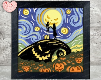 May include: A framed paper art piece featuring Jack and Sally from The Nightmare Before Christmas. The artwork depicts the characters on a hill under a swirling night sky with a large, grinning moon. Orange jack-o'-lanterns are in the foreground.