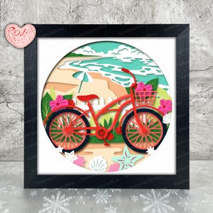 Caixa de Sombra de Bicicleta de Praia SVG, SVG para Projetos Cricut, SVG em Camadas 3D, Caixa de Sombra 3D de Bicicleta SVG, Caixa de Luz Recortada em Papel, Caixa de Sombra Ondulada SVG