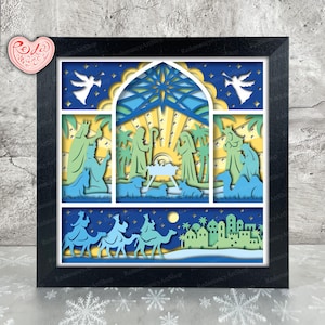 Kerststal Shadow Box SVG, Svg voor Cricut-projecten, 3D gelaagde SVG, kerst 3D Shadow Box Svg, papier gesneden lichtbak 1