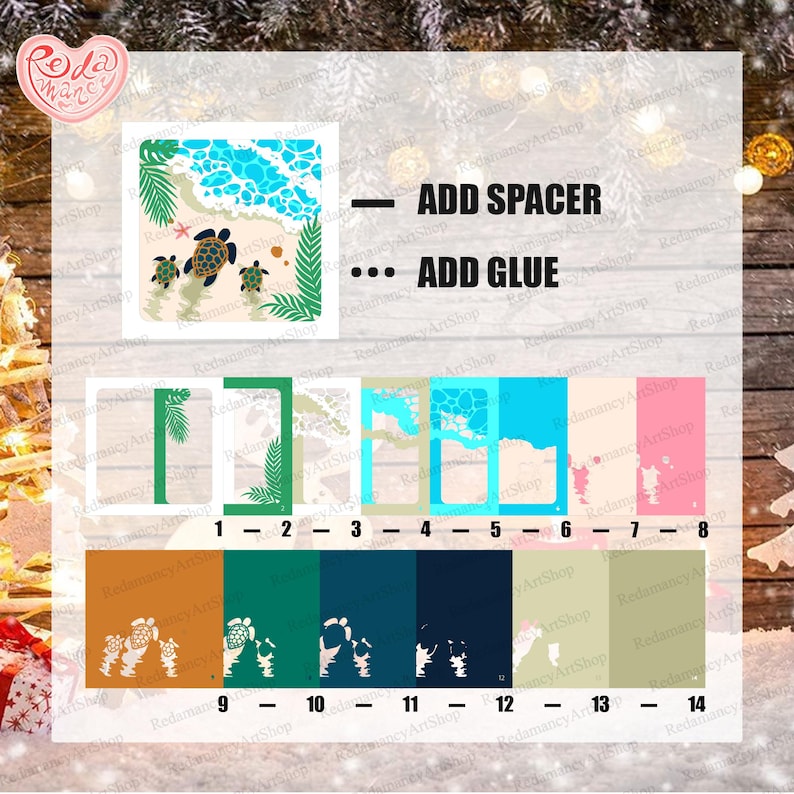 May include: A selection of beach-themed designs with sea turtles, waves, and palm fronds. The designs include square images with various colour schemes and text elements, suitable for crafting or decorative projects.