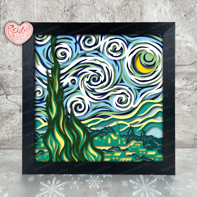 May include: A paper cut-out art piece depicting Vincent van Gogh's famous painting "Starry Night". The artwork features a swirling night sky with a bright yellow moon and a dark green cypress tree in the foreground. The town below is depicted with small, green houses.