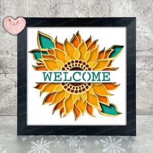 Tournesol Bienvenue Shadow Box SVG, Svg pour projets Cricut, SVG en couches 3D, Tournesol 3D Shadow Box Svg, caisson lumineux en papier découpé
