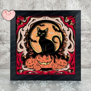 Chat Halloween Shadow Box SVG, Svg pour projets Cricut, SVG en couches 3D, Halloween 3D Shadow Box Svg, caisson lumineux en papier découpé 1