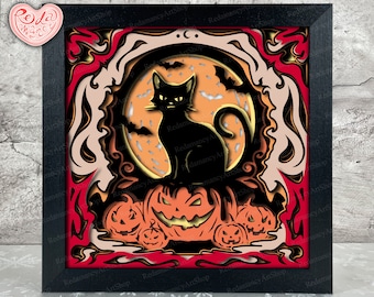 May include: A black cat sits on top of a stack of carved pumpkins with a full moon behind it. The pumpkins are orange and have carved faces. The background is a red and black patterned frame.
