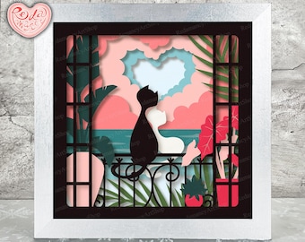 Cat Couple Shadow Box SVG, Svg For Cricut Projects, 3D Layered SVG, Valentine 3D Shadow Box Svg, Paper Cut Light Box