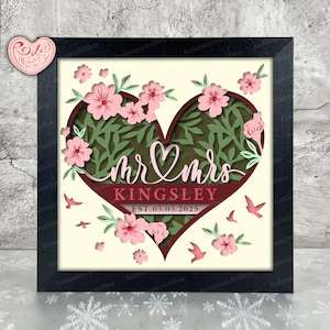 Personalized Floral Wedding Shadow Box SVG , Svg For Cricut Projects, 3D Layered SVG, Wedding's Gift 3D Shadow Box Svg, Paper Cut Light Box