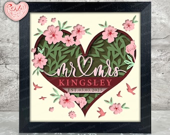 Personalisierte Blumenhochzeit Shadow Box SVG, SVG für Cricut-Projekte, 3D Layered SVG, Hochzeitsgeschenk 3D Shadow Box SVG, Papierschnitt Light Box