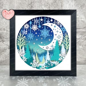Paysage d'hiver Shadow Box SVG, Svg pour projets Cricut, SVG en couches 3D, Noël 3D Shadow Box Svg, caisson lumineux en papier découpé 2