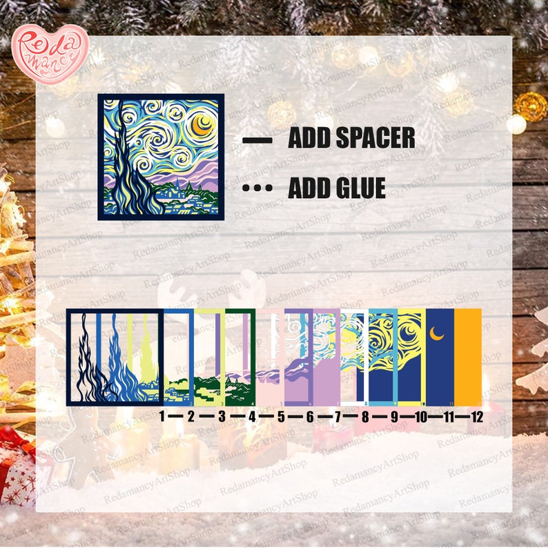 May include: A step-by-step guide to creating a mosaic art piece using a famous painting. The image shows 12 numbered sections of the painting, "Starry Night" by Vincent van Gogh, with instructions to add glue and spacers between each section.
