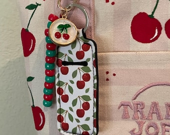 Hand  painted Cherry tote bag, Trader Joe’s tote,  Charm ring, personalized monogram charm