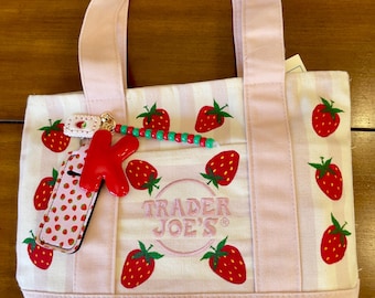 Trader Joe’s hand painted Strawberry Mini Tote Bag with handmade Clay Charms and Beads