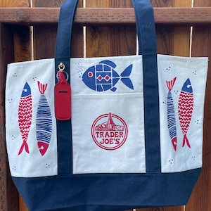 Trader Joe’s Full-Size  Hand Painted Fish Tote Bag, Handmade Polymer Clay Fish Charm, Bead Strand. Chap Stick Holder