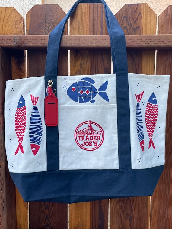 Trader Joe’s Handpainted Fish Tote Bag with Charm Ring,  personalized monogram charm