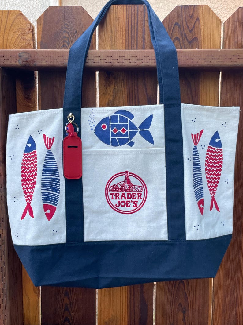 Trader Joe’s Full-Size  Hand Painted Fish Tote Bag, Handmade Polymer Clay Fish Charm, Bead Strand. Chap Stick Holder