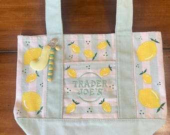 Trader Joe’s Handpainted Lemon Mini Tote Bag with Personalized Charm – Striped Canvas Bag