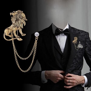 Crystal Lion Brooch Korean Fashion Animal Tassel Chain Lapel Pins British Style Men's Shirt Collar Badge Clothing Accessories Gifts Brooches