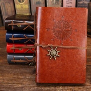 Cuaderno de notas de cuero sintético con anclas piratas vintage, cuaderno de espiral retro, libreta de notas, papelería reemplazable, regalo, diario de viaje