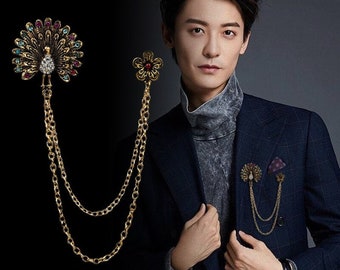 Korean Retro Suit Metal Brooch Jewelry Luxury Sweater Vintage Animal Peacock Tassel Lapel Pin Double-layer Chain Men Accessories Brooch Pin