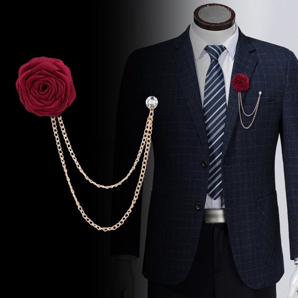 Broches de mariage Art en tissu Broche fleur rose faite à la main, insigne d'épinglette, chaîne à pampilles, accessoires de costume pour hommes, épingles de col et broches