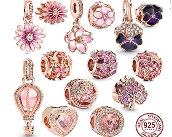 925 oro rosa brillante Margarita rosa flor y flor de cerezo cuelgan cuentas y abalorios Plata de Ley 925 ajuste pulsera Real Original