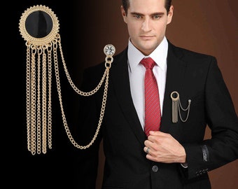 New Mens Fashion Brooch Metal Rhinestone Crystal Brooch Men's Suit Shirt Collar Pin Black Tassel Corsage Brooches Jewelry Luxury Accessories