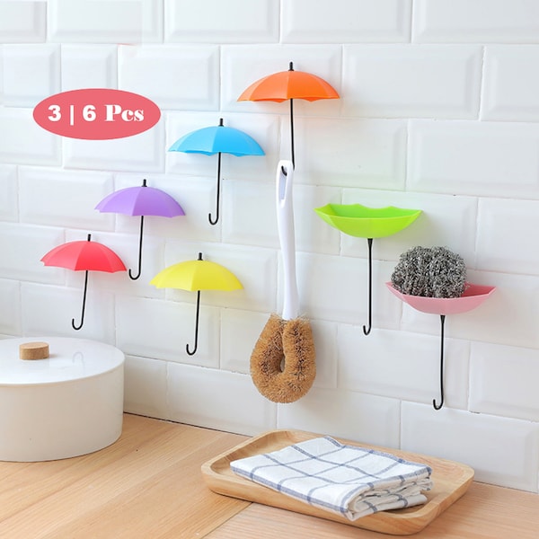 3 | 6pcs Umbrella Self Adhesive Wall Hanging Hook Kitchen Bathroom Door Back Towel Key Hanger Multipurpose Hooks For Hanging Storage Gadgets