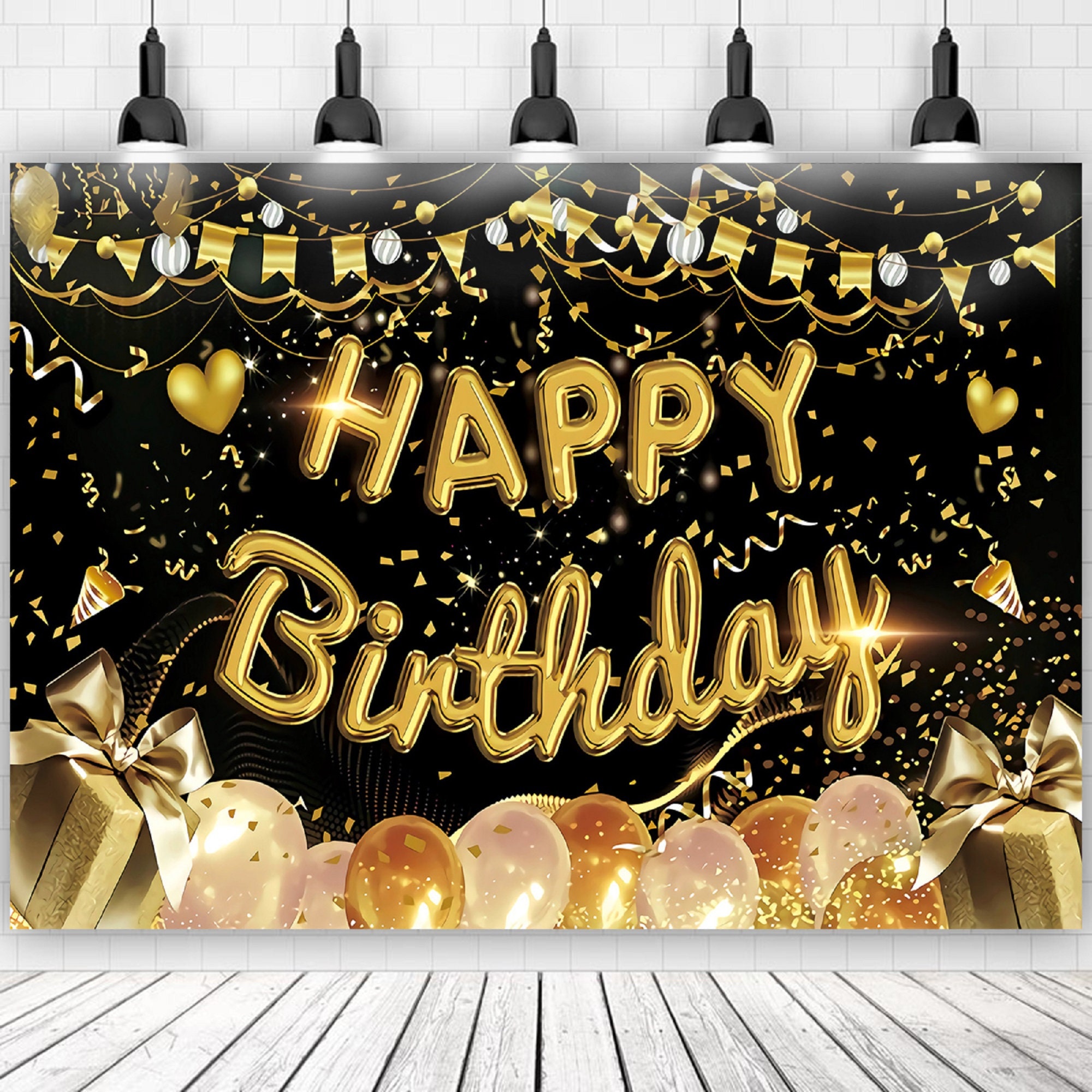 Banner Di Compleanno Personalizzato Con Foto: Sfondo Oro E Nero Con Stelle E Palloncini, 150x90 Cm, Per Interni O Esterni
