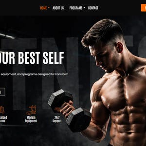 May include: A website interface for E-TTC Fitness featuring a muscular individual lifting a black dumbbell. The text reads: Push Beyond Limits, BUILD YOUR BEST SELF, Train with expert coaches, elite equipment, and programs designed to transform your body and mindset.