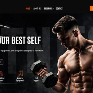 May include: A website landing page for E-TTC Fitness featuring a muscular individual lifting a black hexagonal dumbbell. The text reads Push Beyond Limits, BUILD YOUR BEST SELF, and includes navigation links for Home, About Us, Programs, and Contact.