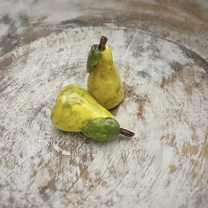 Ceramic Mini Pears Green Yellow Faux Fruit Tired Tray Shelf Sitter Table Top Kitchen Home Decor Handmade Pottery Gift for Chef Foodie