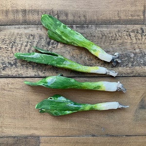 May include: Four ceramic green onions with white bulbs, arranged in a row on a wooden surface.